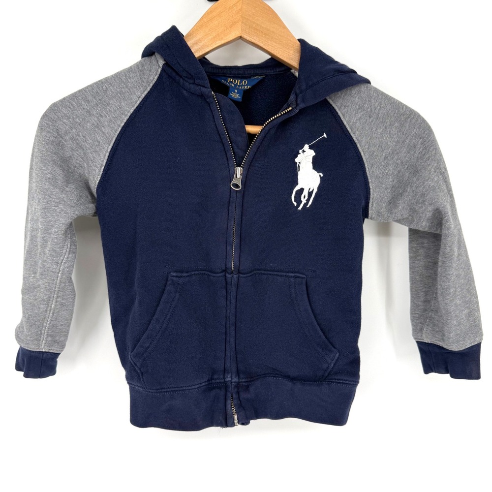 Polo Ralph Lauren Boys 5 Hoodie Navy Blue Gray Big Pony Full Zip Jacket Preppy